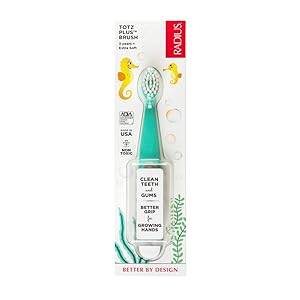 RADIUS Kids Toothbrush Totz Plus Brush, Silky Soft, Mint/Cool Grey, BPA Free and ADA Accepted, Designed for Delicate Teeth and Gums, For Children 3 Years and Up