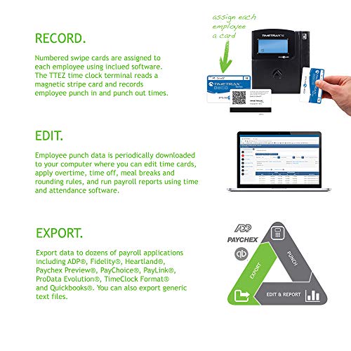 Pyramid Time Systems TTEZEK TimeTrax Automated Swipe Card Time Clock System Includes TimeTrax Software Download, Terminal, 50 Swipe Cards, Cables & Quick Start Guide, Made in The USA, Black