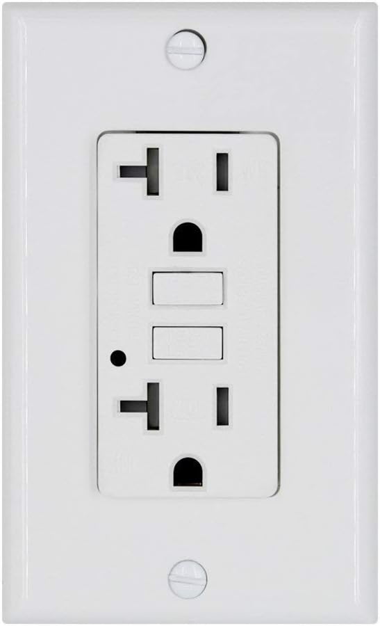 ESD Tech GFCI Wall Outlet Receptacle – 20 Amp, 125 Volt Tamper Resistant & Weather Resistant Duplex with LED Indicator Light. White. ETL Listed. Wallplate Included