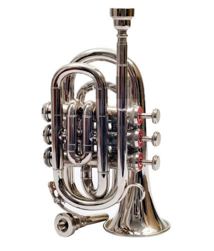 NEW POCKET TRUMPET CHROME FINISH B FLAT W/CASE+MP TRUMPET CORNET MINI POCKET
