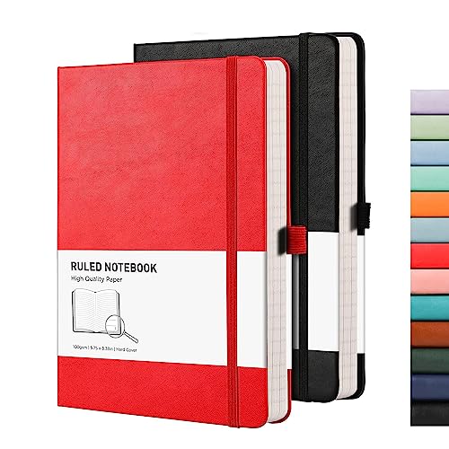 RETTACY Blank Notebook A5 Plain Notebook 2 Pack - 384 Pages Unlined Notebook with 100gsm Blank Paper, Pen Holder, Inner Pocket, for Sketch School Women Men 14.5 x 21cm - Black Red