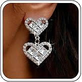 Aneneiceera Vintage Crystal Heart Dangle Earrings Silver Rhinestone Heart Stud Earring Cz Love Drop Earring Wedding Chandeliers Earrings Jewelry for Women