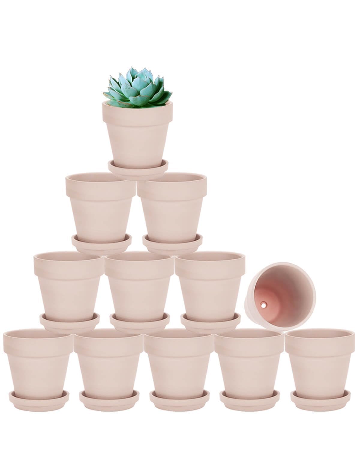 Vensovo 7.6CM Pink Clay Pot for Plants With Saucer - 12 Pack Small Terra Cotta With Drainage Hole, Flower Pot With Tray for Indoor Outdoor Use