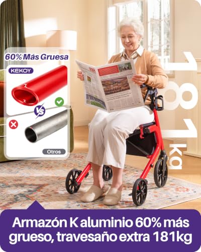 Kekoy K2 Elderly Walker with Aluminum Folding Seat, Height Adjustable, 400 lbs Load, Adult Walkers with 44cm Seat Cushion, Backrest and Storage Bag, Red