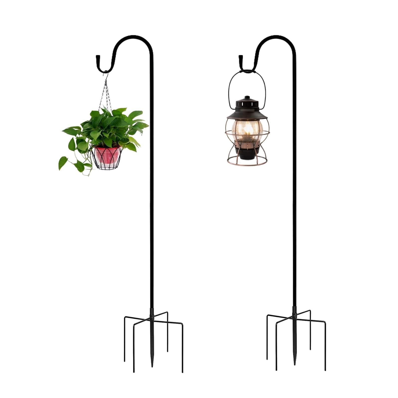 Eidoct 2 Pack Shepherds Crook Hooks, 120cm Shepherds Hooks with 5 Prong Base, Garden Border Hooks for Lanterns Lights, Wedding Decorations, Plant Baskets,Bird Feeder Pole,3 Section Stitching