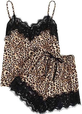 WaiiMak Women's Sleepwear, Lace Pajamas Set Leopard Underwear Camisole Short Sets Lingerie Short Sleepwear
