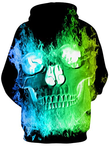 chicolife Unisex Adult 3D Skull Oversized Hoodie Women Colourful Graphic Printed Hoody Drawstring Pocket Green Fire Long Sleeve Pullover Hooded Sweatshirt L