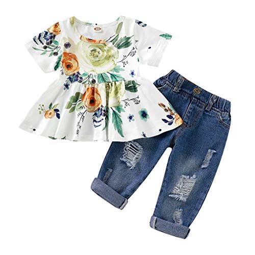 Toddler Baby Girl Outfits,Crytech 2 Pcs Long/Short Sleeve Floral Print Flower Pattern Ruffle High Waist Crop Top T-Shirt Dress + Ripped Jeans Denim Pants Clothes Set (12-18 Months, Green)