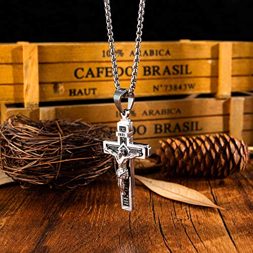 Wowsweet 14K Gold Plated Catholic Jesus Stainless Steel Cable Chain Necklaces Crucifix Cross Pendant for Men Women (Silver A)