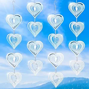 4PCS Heart Bird Scare Set-Highly Reflective Double-Sided Bird Reflectors, Sparkly Metal Wind Spinner Indoor Outdoor Garden Decor, Bird Device Deterrent to Keep Birds Away from Porch Yard Patio