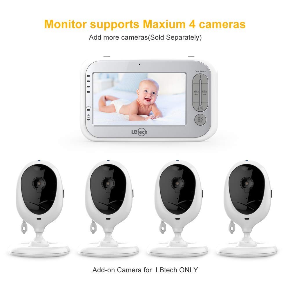 LBtech Video Baby Monitor with Two Cameras and 4.3" LCD, Auto Night Vision, Two-Way Talkback, Temperature Detection, Power Saving/Vox, Zoom in, Support Multi Camera : Baby