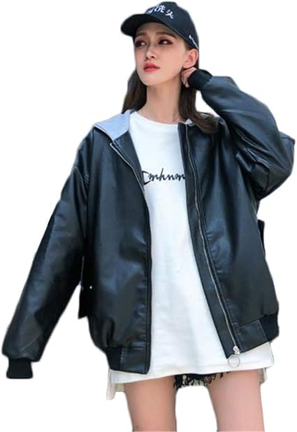 Amazon フ二ンー レディースレザージャケット スタジアムジャケット ライダースジャケット 切り替え パーカー フード付き ゆったり ショート Bf風 カーディガン アウターブラックf コート ジャケット 通販