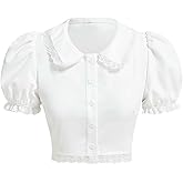 Floerns Women's Cute Short Puff Sleeve Button Down Lace Trim Blouse Crop Tops