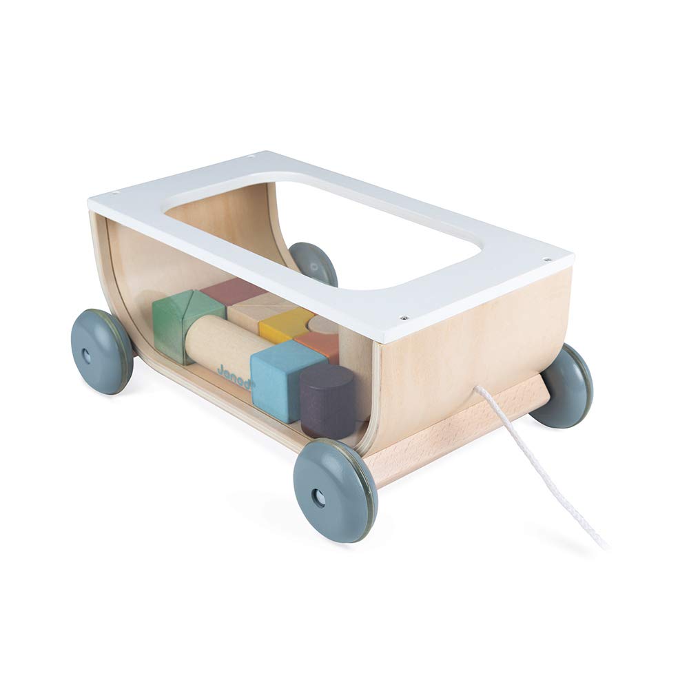 Janod - Wooden Cube Trolley - Sweet Cocoon Collection - Early-Learning and Early Years Toy, water-based paint - Pull-along Toy - Learning to walk - From 18 months onwards - J04407