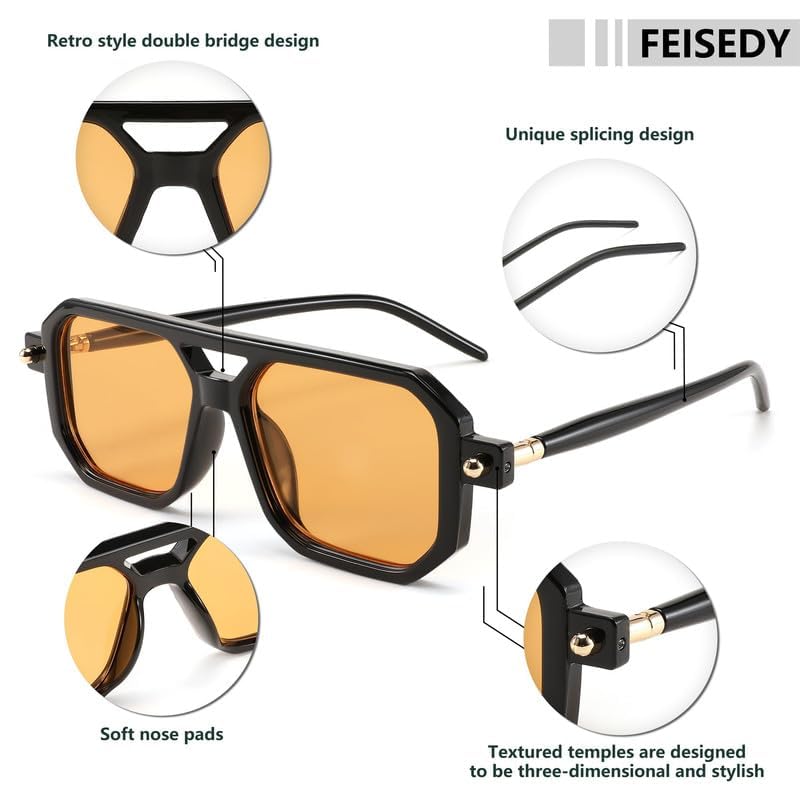 FEISEDY Lentes de sol Cuadrado Aviador Vintage Mujeres Hombres, Gafas de sol Elegante Marco Retro Clásico UV400 B2622