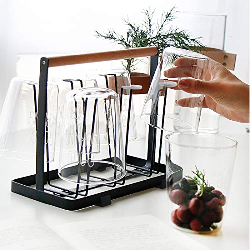 Cup Drying Rack Stand, 6 Cup Metal Drainer Holder Rack Non-Slip Mugs Cups Organizer with Wood Handle, Black - Thumbnail 5