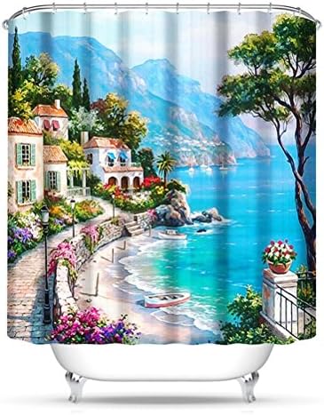 QEWA® Shower Curtain Home decor bathroom Accessories Villa With Swimming Pool Personalized Printing Waterproof Bath Curtain , ocean view villa, 180*180
