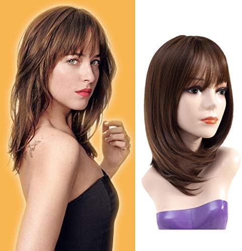 Hairphocas Straight Bob Hair Wig Dark Brown Shoulder Length Layer Full Wig with Bangs Heat Resistant Daily Wig for Women
