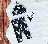 Newborn Infant Baby Girls Boy Deer Tops Bodysuit Long Pants Hat 3pcs Outfits Set