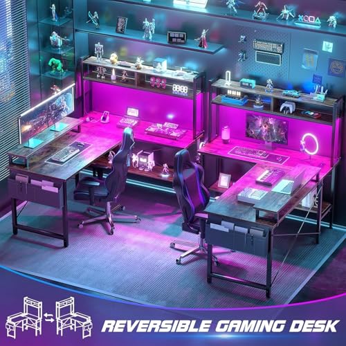 iSunirm L Shaped Gaming Desk with Power Outlets & LED Lights, Small L- Shaped Computer Corner Desk with Monitor Stand & Storage Shelf, Gaming Table with Storage Bag, Brown