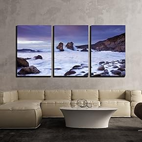 3 Piece Canvas Wall Art - Seascape with Rocks and White Seawaves - Modern Home Art Stretched and Framed Ready to Hang - 16"x24"x3 Panels