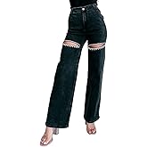 XQR Women's High Waist Straight Wide Leg Y2K Denim Pants Cut Out Rhinestone Jeans Streetwear