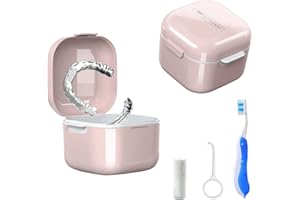 POZLLE Denture Bath Box Cup，Portable Denture Case with Strainer Basket，False Teeth Storage Box Holder，Retainer case Cleaning，Soak Cup，With braces chewable tablets and Extractor toothbrush（Pink）…