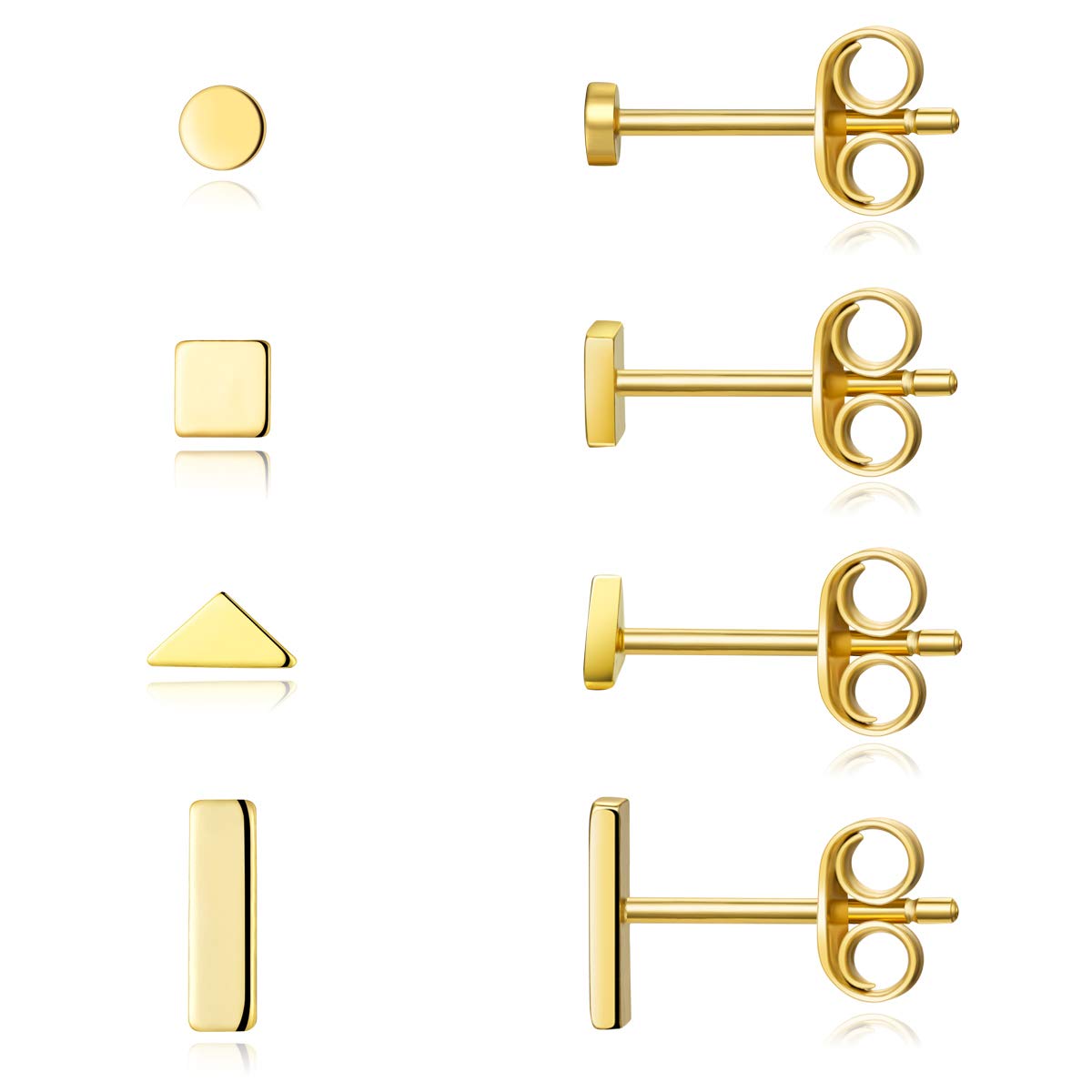 Gold Small Stud Earrings for Women Men- 4 Pairs Hypoallergenic Simple Geometric Stud Earring Set Tiny Circle Triangle Square Bar Stud Earrings Mini Cartilage Tragus Earrings