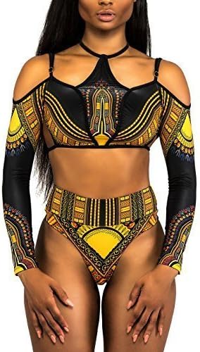 GUOYUJIANYI Women's African Tribal Metallic Print Cut Out Bikini Sets High Waist Monokini Swimsuit Backless Swimwear Small Tp8