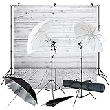 Julius Studio Wood Floor Backdrop Muslin with Umbrella Lighting Kit, Background Support Stand, Bulb, Socket, Spring Clamp, White &amp; Black Umbrella Reflector, Photography Studio, JSAG355