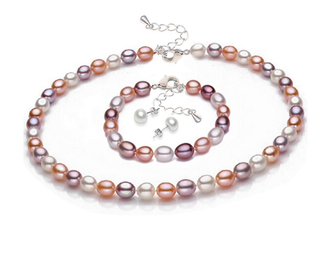 Treasure Bay 7-8mm Rice Shape Multicoloured Natural Freshwater Pearls Necklace, Bracelet and Earrings