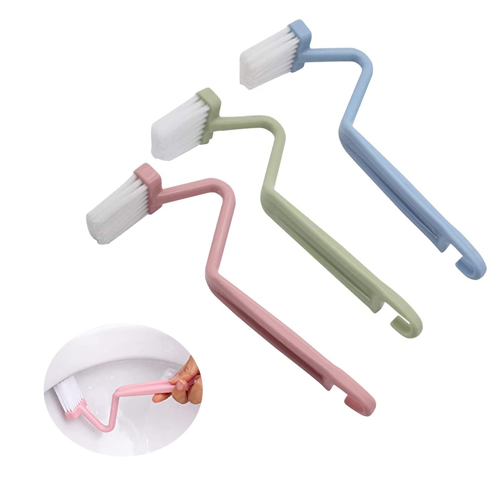 Curved Toilet Brush,8" V-shaped Plastic Toilet Edge Brush Set with Long Handle and Strong Bristles Deep Cleaning Bathroom Toilet Bowl Brush for Bathroom Kitchen (3 Pcs)