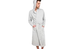 HOLOVE Men's Pure Cotton Bathrobe Lightweight Kimono and Hooded Spa Robes Soft Sleepwear
