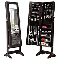 LANGRIA Lockable Jewelry Cabinet Jewelry Armoire with Mirror Jewelry Holder Organizer Storage, 4 Angle Adjustable, Brown
