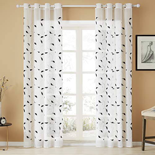 Top Finel White Sheer Curtains 90 Inches Long Black Embroidered