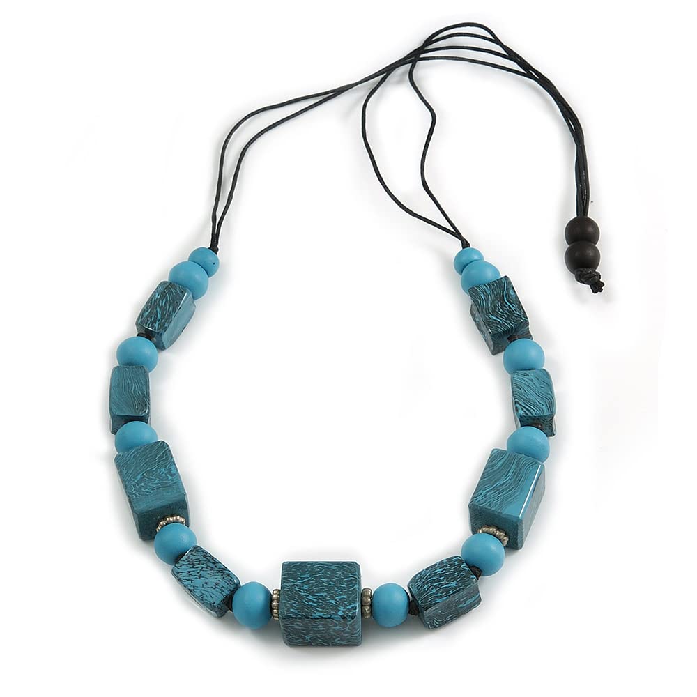 Avalaya Chunky Teal/Light Blue with Animal Print Cube and Ball Wood Bead Cord Necklace - 90cm Max