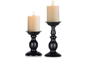 Nuptio Black Candle Holder for Pillar Candles - 2 Pcs Rustic Candle Holders Set Metal Candle Stand Tall Retro Fall Pillar Candleholder for Halloween Easter Farmhouse Fireplace Home Table Centerpiece