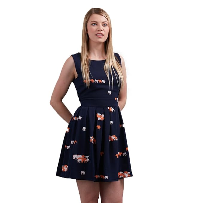 Buy SM Wardrobe Elephant Print Fit & Flare Box Pleat Dress Blue L at