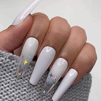 Brishow Cercueil Faux Ongles Blanc Long Faux Ongles Star Glitter Decorations De Noel Appuyez Sur Les Ongles Ballerine Acrylique Baton Sur Les Ongles 24pcs Pour Femmes Et Filles Amazon Fr Beaute Et Parfum