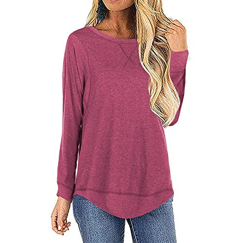 Casual Cotton Tops for Women Long Sleeve Solid T Shirt Loose Tunic Top Pink(Red,XXL)