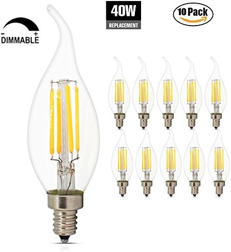 Dimmable LED Candelabra bulbs, 4W 2700K E12 Base LED Filament Chandelier Light Bulbs 40W Equivalent, Warm White,360° Beam Angle, Flame Tip, Vintage Decorative Candle Light Bulb,10 Pack