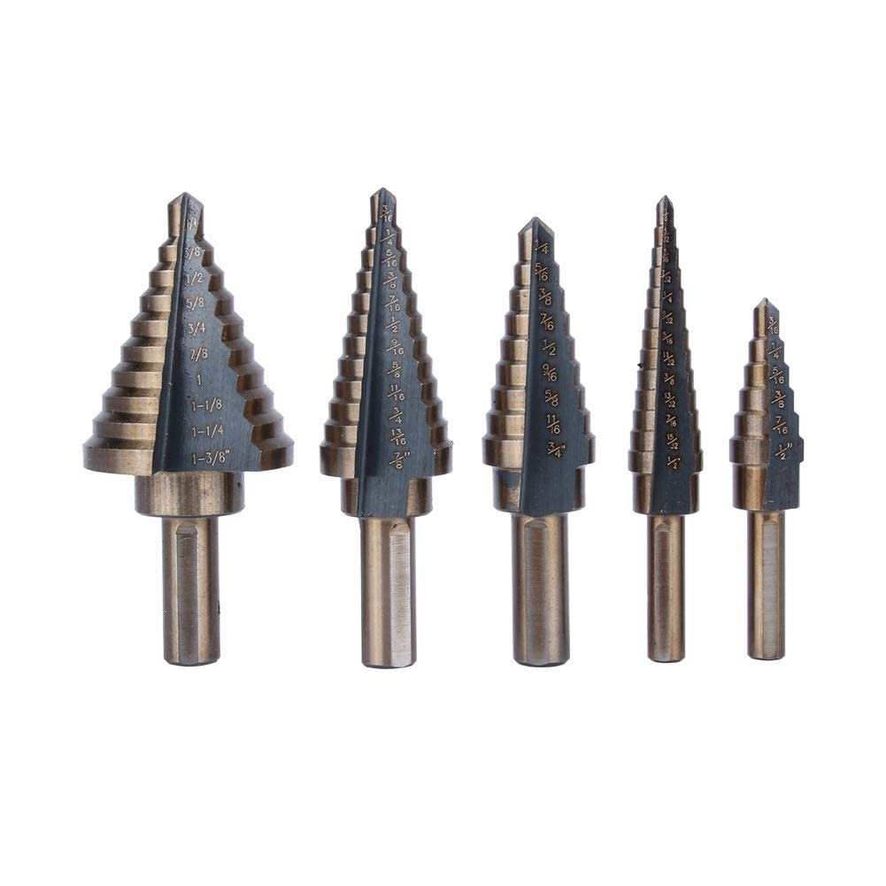 5Pcs Large Cobalt HSS Step Titanium Cone Drill Hole Cutter Bit Set Tool for Sheet Metal with Aluminum Case, Multiple Hole Stepped Up Bits
