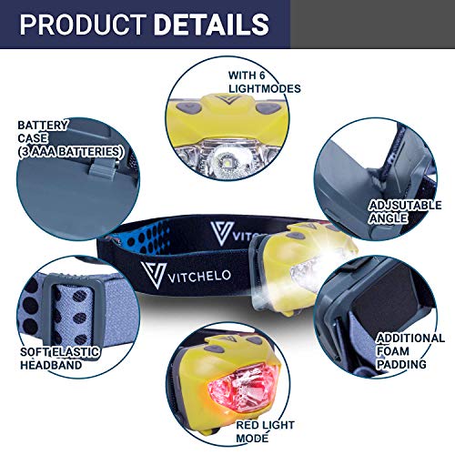 Vitchelo V800 Headlamp Flashlight with Red LED, Yellow