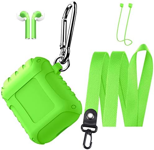 Airpods Case Shock Resistant Silicone Airpods Case Cover with AirPods Skins Stickers and Keychain,Airpods Accessories Kit for Apple AirPods-Green