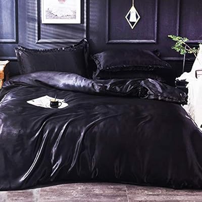 طقم أكياس وسائد من الحرير المقلد من شركة Vanpower غطاء لحاف سرير بلون موحد مقاوم للتجاعيد اسود King Amazon Ae