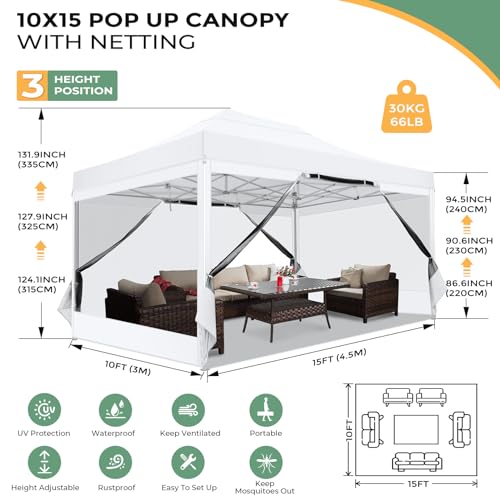 COBIZI 10x15 Pop Up Canopy with Mosquito Net Walls, Heavy Duty Waterproof Outdoor Party Tent image 25