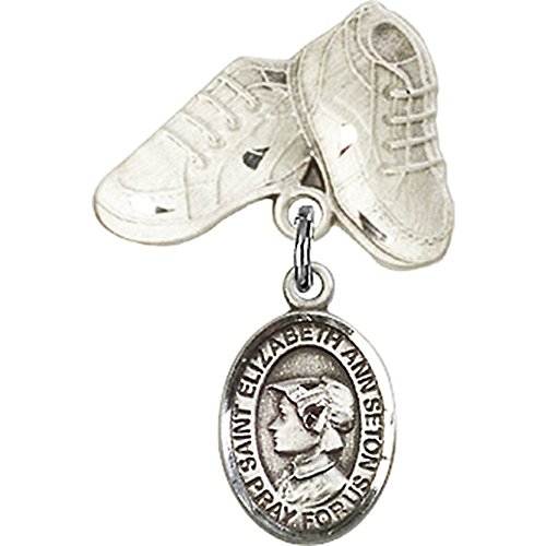 Sterling Silver Baby Badge with St. Elizabeth Ann Seton Charm and Baby Boots Pin 1 X 5/8 inches