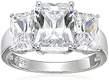 Platinum Plated Sterling Silver Emerald Cut Cubic Zirconia Three Stone Ring, Size 7
