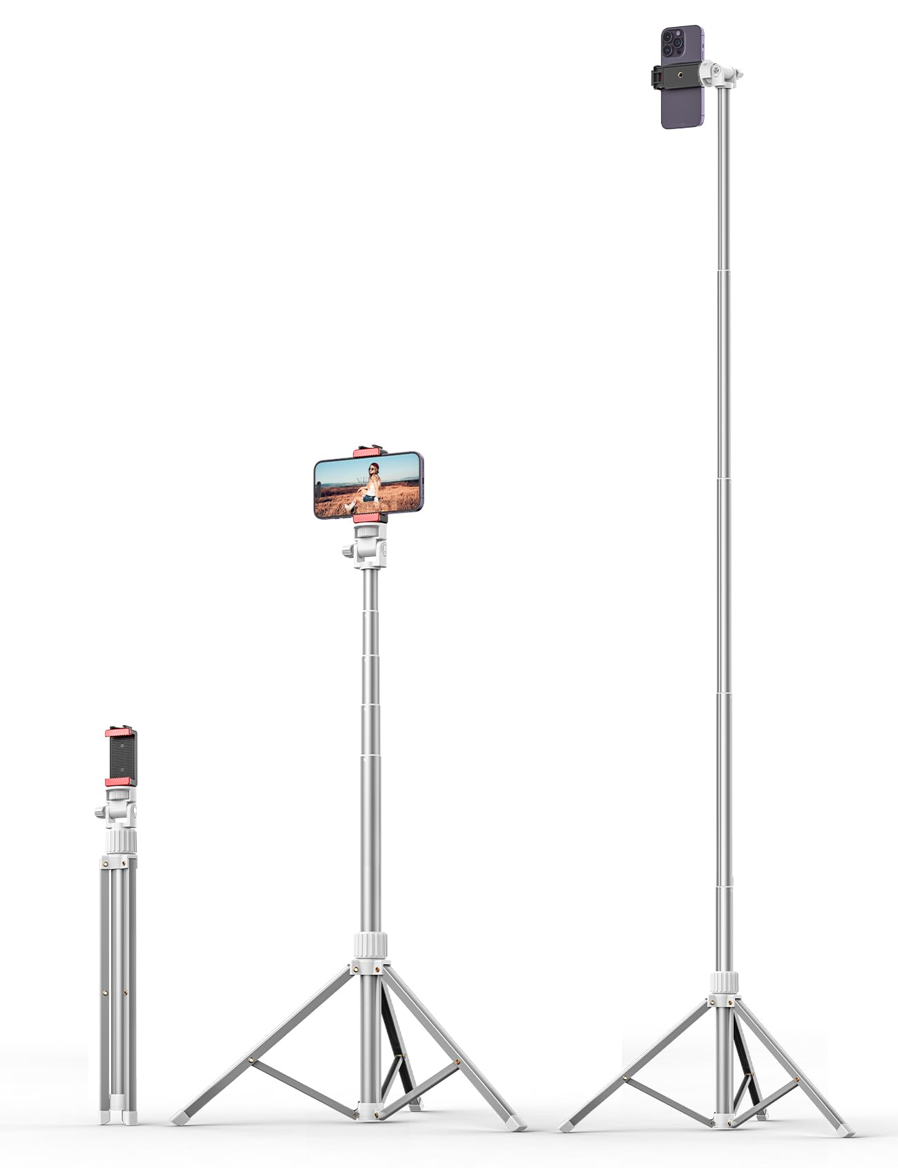 71'' Phone Tripod Stand, Extendable Reinforced Aluminum Phone Stand with Wireless Remote, Stable Cellphone Tripod Compatible with iPhone 14/13/12 Galaxy S23/S22 Huawei (White)