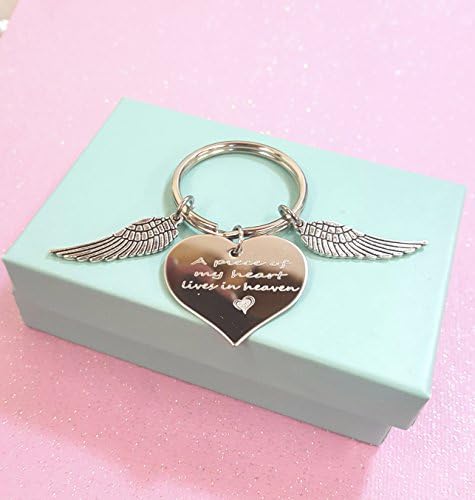 A Piece Of My Heart Lives In Heaven Heart Keychain Wings with Heart